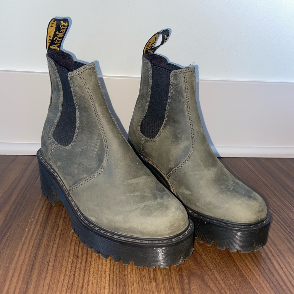 Army Green Suede Doc Martens, heeled.